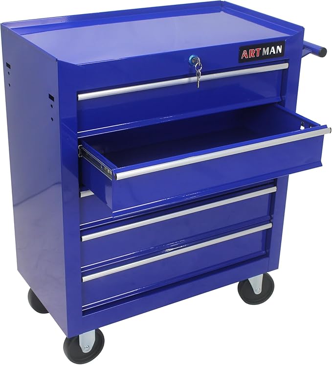 YOPTO Multifunctional Cart with 5 Ball-Bearing Drawers,Portable Rolling Tool Chest W/ 4 Wheels,Key Locking and Pull Handle,for Garage,Warehouse,Workshop,Repair Shop,Blue