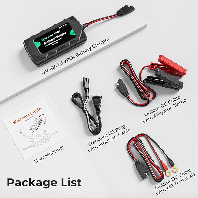 12V 10A Lithium Battery Charger, RoyPow 12V 10A LiFePO4 Battery Charger, 12V Automatic Trickle Battery Chargers, 10A Battery Maintainer for LiFePO4 Batteries, Lithium Batteries, Car, Marine