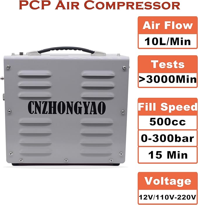 PORTAIR 4500PSI Portable HPA Compressor,Auto-Stop, Oil/Water-Free, Built-in Power Converter PCP Air Compressor for Air Rifle, Scuba Tank, Powered by Car Battery 12V DC or Home 110V AC (Grey)