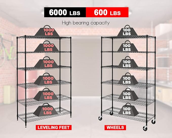 FDW 48" L×18" W×76" H Wire Shelving Unit Metal Shelf with 6 Tier Casters Adjustable Layer Rack Strong Steel for Restaurant Garage Pantry Kitchen Garage,Black