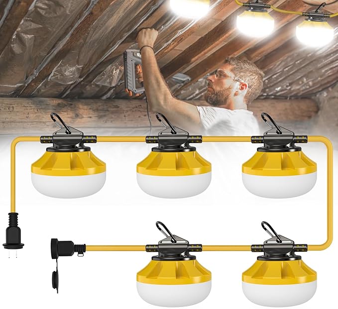 50FT Construction String Lights: 50W String Work Lights with 5 Bulbs & Hooks, IP65 Temporary Construction Lighting 5000K Linkable Hanging Work Light for Attic, Crawlspace, Basement, Backyard