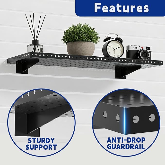 Heavy Duty Slatwall Shelf 16x12Inch, Steel Slatwall Accessories Storage Rack for Garage, Retail, Workshop (4, 16x12Inch)