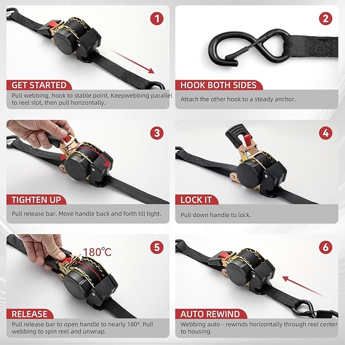 Retractable Ratchet Tie-Down Straps 1800 lbs, 1in × 10ft Auto-Retract Ratchet Straps Heavy Duty with S-Hooks, Self Retracting Tie Down for Trucks, Roof Racks & Trailers, 2 Pack