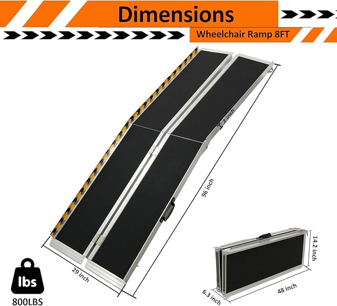 Portable Wheelchair Ramp 8FT, 96" L x 29" W Non-Skid Aluminum Foldable Handicap Ramps for Steps, 800lbs Capacity Threshold Ramps, Lightweight with Handle, for Home,Stairs,Doorways,Curbs (8FT)