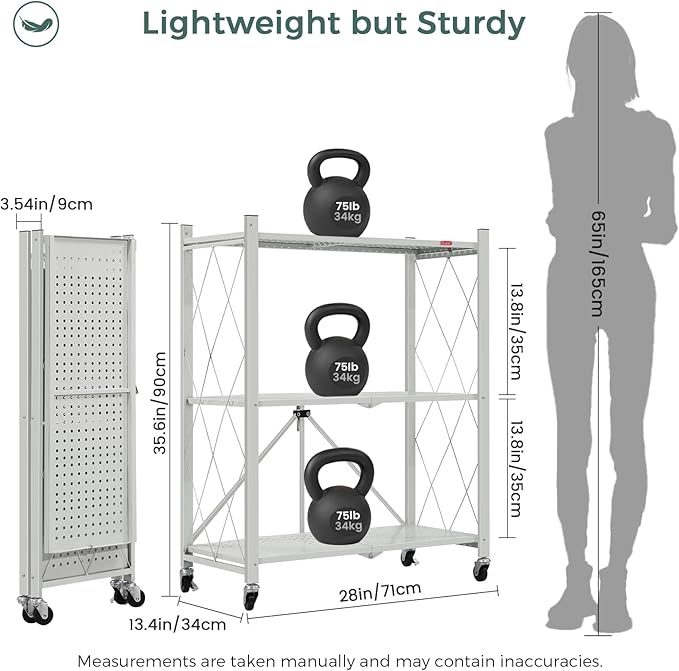 DEANIC 3 Tier Foldable Storage Shelves with Wheels, Kitchen Appliance Stand, Freestanding Metal Wire Shelf Rack, No Assembly Organizer Rolling Cart for Garage, Basement, Pantry(Grey)