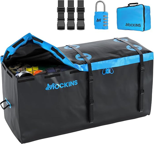 Mockins 25 Cu Ft Large Trailer Hitch Cargo Carrier Bag | 60"x24"x31" Waterproof Cargo Bag for Hitch Carrier & Truck Bed | Weatherproof Vinyl Vehicle Soft-Shell Carriers Set w/Straps, Lock & Carry Case