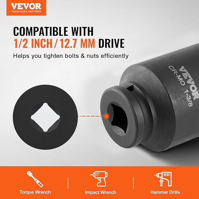 VEVOR Axle Nut Impact Socket Set - 1/2" Drive Deep 6-Point 8-Piece SAE Spindle Nut Socket CR-MO Heat Treated Large Socket Set with Storage Case for Auto Repair, Removing or Installing Axle Nuts