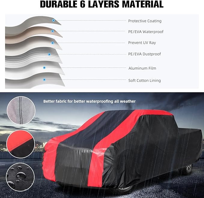 6-Layer Car Cover Waterproof All Weather for Automobiles,Universal Fit for Truck,Outdoor Full Cover Rain Sun UV Protection with Zipper Cotton,Fit Truck-Length (230" to 250")