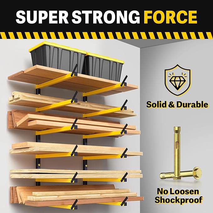 GREENER Lumber Storage Rack Folding Wood Storage Racks Wall-Mounted Metal Racks for Storage with 6-Level Heavy Duty Garage Wood Organizer for Woodworking Shop Indoor & Outdoor Use, 2 pairs,Yellow