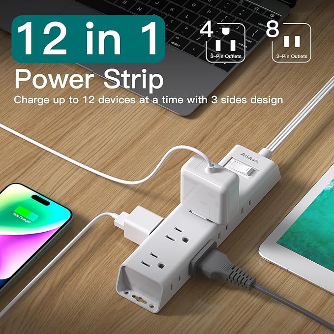 20FT Extension Cord with Multiple Outlets - Surge Protector Power Strip, Addtam 12 Widely 3 Sides Outlet Extender, 900J, Wall Mount, Flat Extension Cord for Home Office College Dorm Room Essentials