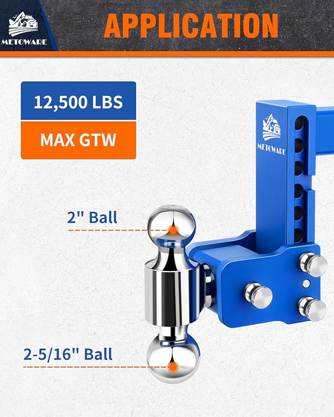METOWARE Adjustable Trailer Hitches Fits 2 Inch Receiver, Adjustable Ball Mount with 6-Inch Drop/Rise (12,500 LBS GTW), Dual Ball (2" x 2-5/16") and Anti-Theft Stainless Steel Trailer Lock (Blue)