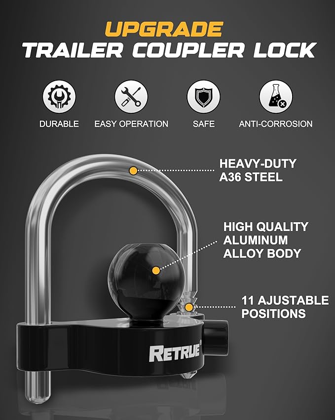 RETRUE Universal Coupler Lock Trailer Locks Ball Hitch Trailer Hitch Lock Adjustable Security Heavy-Duty Steel fits 1-7/8 Inch, 2 Inch, 2-5/16 Inch Couplers, Black