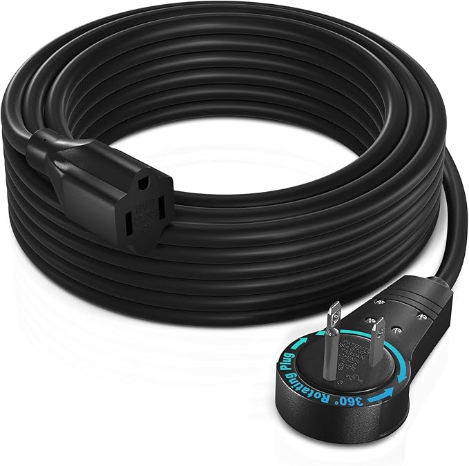 Maximm Cable 50 Feet 360° Rotating Flat Plug Extension Cord/Wire, 3 Prong Grounded Wire 16 Awg Power Cord - Black UL Certified