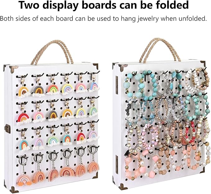 MOOCA Wooden Foldable and Portable 2 Panel Pegboard Jewelry Display Organizer with 48 Removable Black Metal Hooks & Convenient Rope Handle for Easy Carrying, Dual-Sided Panels for Hanging, White Color