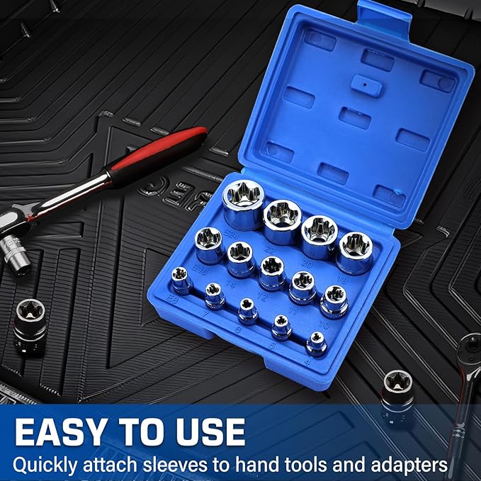 14-Piece Female E-Torx Socket Set, E4-E24 External Star Sockets, 1/4" 3/8" 1/2" Drive, High-Strength Cr-V Steel, Compatible with Regular & E-Torx Plus, Automotive Repair Tool Kit with Storage Case