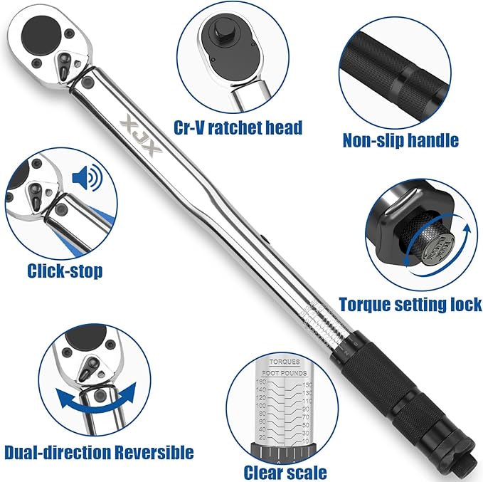 XJX 1/2-Inch Drive Click Torque Wrench Set, 10-160FT-LB/13.6-217.1Nm Torque Wrench