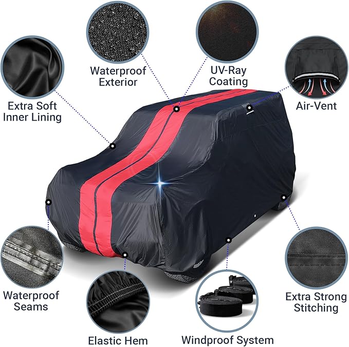 iCarCover Premium Plus SUV Car Cover Waterproof All Weather Rain Snow UV Sun Protection, Venue, Kia Soul, XB, Defender 90, Tracker 4-Door, Samurai, Size S59 (See Size Chart) Stripe - Black/Red
