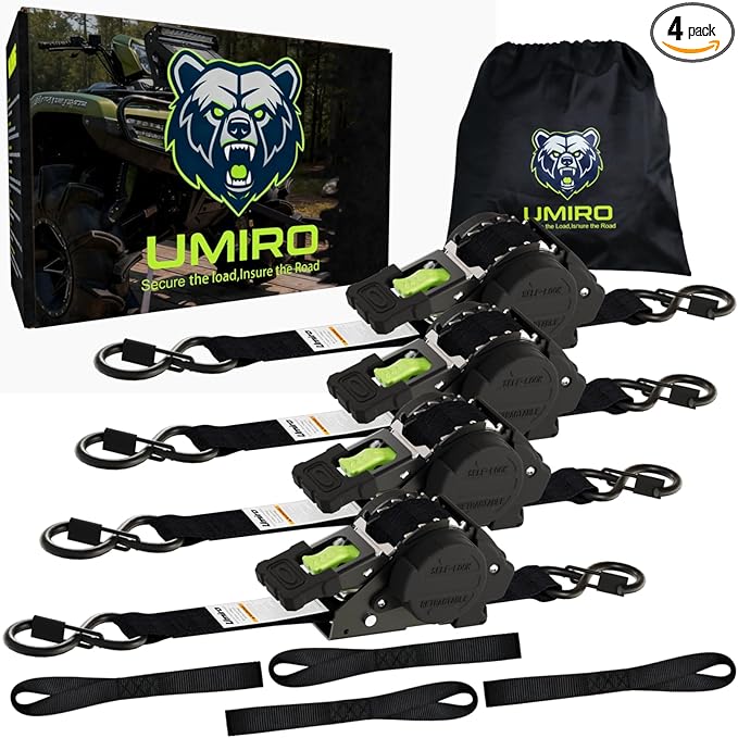 Retractable Ratchet Straps, 4-Pack, 1 Inch x 12 Feet Heavy Duty Tie Downs, 1760lb Break Strength, Self Retracting for Truck, Cargo, Trailer, Motorcycle, ATV, UTV (Black-Green, 4pack)