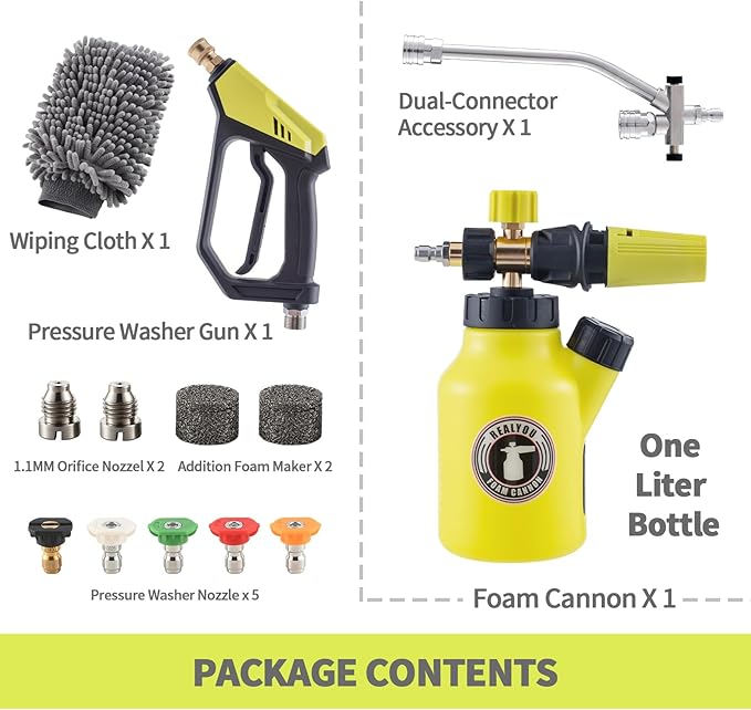 REALYOU Foam Cannon Kit with Pressure Washer Gun, Car Wash Foam Gun, 5 Pressure Washer Nozzle Tips, Dual-Connector Accessory