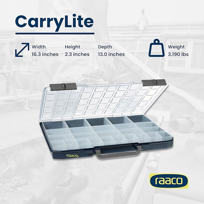 Raaco CarryLite Slim Small Parts Organizer Box – 2.3 Inch Height – 25 Inserts – Anti-Mix U-Profile Lid for Screws, Bolts & Nuts – Secure Sliding Lock – Portable Hardware & Tool Storage (CarryLite 55)