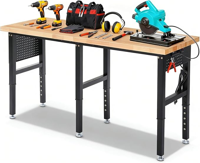 ENJOYWOOD Work Bench 72 Inch Adjustable Height Workbench with Power Outlets & Extended Pegboard 5000 lbs Load Capacity Heavy Duty Work Table for Garage, Workshop, Home, Office
