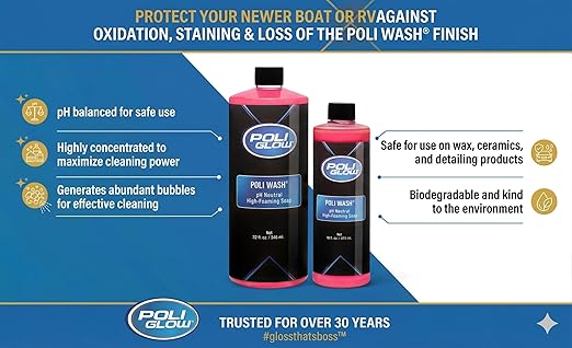 Poli Glow Poli Wash – 16 oz Concentrated Foaming Boat & RV Soap – pH Neutral, Biodegradable Cleaner – Safe for Poli Glow, Ceramic Coatings, Fiberglass, Gel Coat, Aluminum & Painted Surfaces