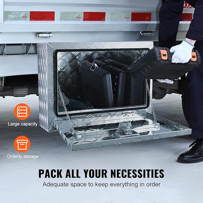 VEVOR Underbody Truck Box, 24"×14"×16" Pickup Storage Box, Heavy Duty Aluminum Diamond Plate Tool Box with Lock and Keys, Waterproof Trailer Storage Box with T-Handle Latch for Truck, Van, Trailer