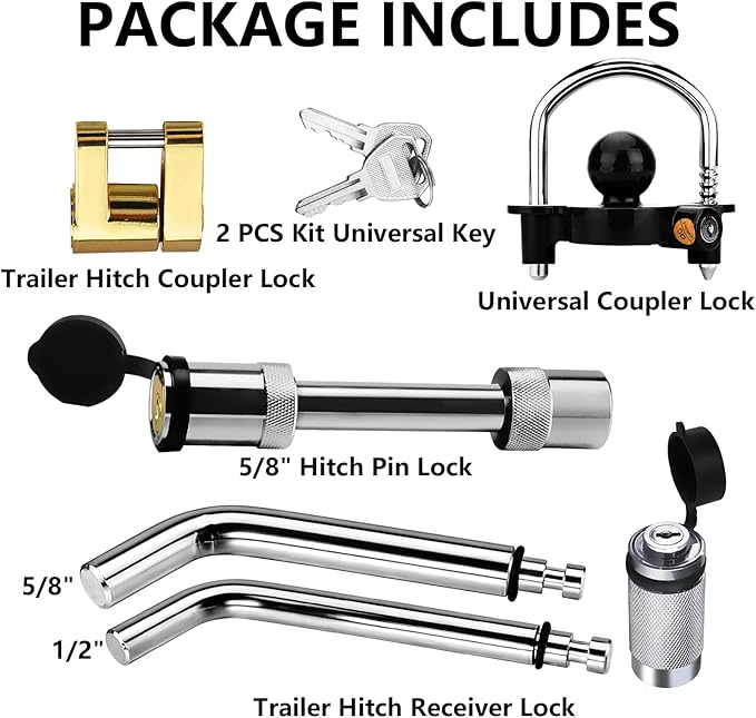 Funmit Trailer Hitch Security Lock Set Including Black U-Shaped Universal Ball Hitch Lock #72783, 1/2" and 5/8" Receiver Hitch Pin Lock, Trailer Hitch Lock Coupler Locking Pin, Share The Same 2 Keys