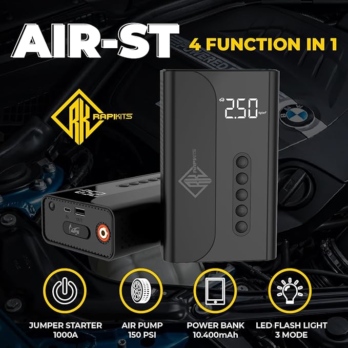 Jump Starter with Air Compressor Portable - 10400mAH - 150PSI – 12V Battery Booster, LCD Display, LED Lights, Power Bank Function Ultralight - RAPIKITS