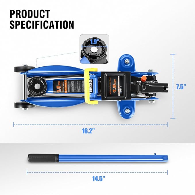 PM PERFORMOTOR Low Profile Hydraulic Trolley Service/Floor Jack, 1.5 Ton (3000 lbs) Capacity, Lifting Range 5.3"-12",Blue,PM-TOL-FJ15-BL