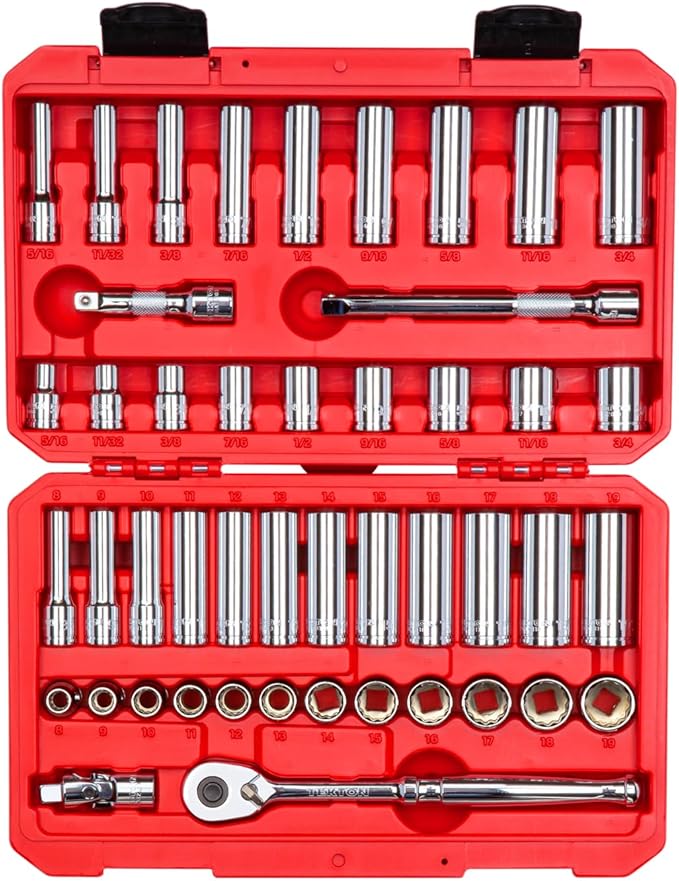 TEKTON 3/8 Inch Drive Shallow and Deep 12-Point Socket and Ratchet Set with Case, 46-Piece (5/16-3/4 in., 8-19 mm) | SKT15302
