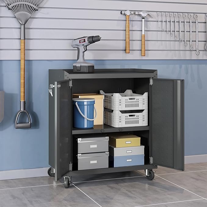 Manhattan Comfort Fortress Textured Metal 31.5" Garage Mobile Cabinet with 2 Adjustable Shelves in Charcoal Grey