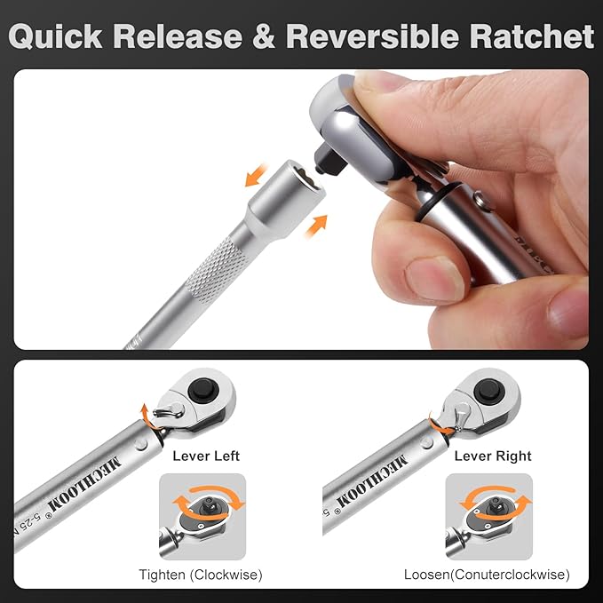 1/4-Inch Torque Wrench, 5–25 N·m, 15-Piece Click Bike Torque Wrench Set with Bits and 4-Inch Extension Bar, Dual-Direction, 0.25 N·m Increments, ±3% Accuracy for Bicycle Maintenance