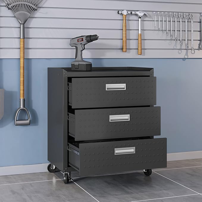 Manhattan Comfort Fortress 31.5-Inch Rolling Garage Tool Chest, 3-Drawer Lockable Mobile Storage Cabinet, Diamond-Textured Steel Utility Organizer with Wheels for Basement, Workshop in Charcoal Grey