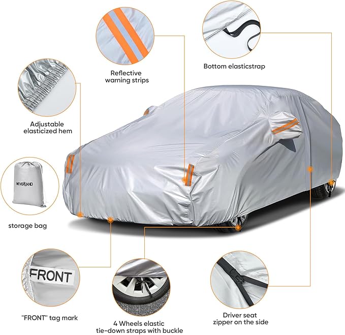 NEVERLAND Sedan Car Cover Waterproof Heavy Duty All Weather Protection Snow Anti-UV Windproof Outdoor Full Car Cover Fit for Automobiles BMW/Mercedes-Benz/Honda (185-196 inch)