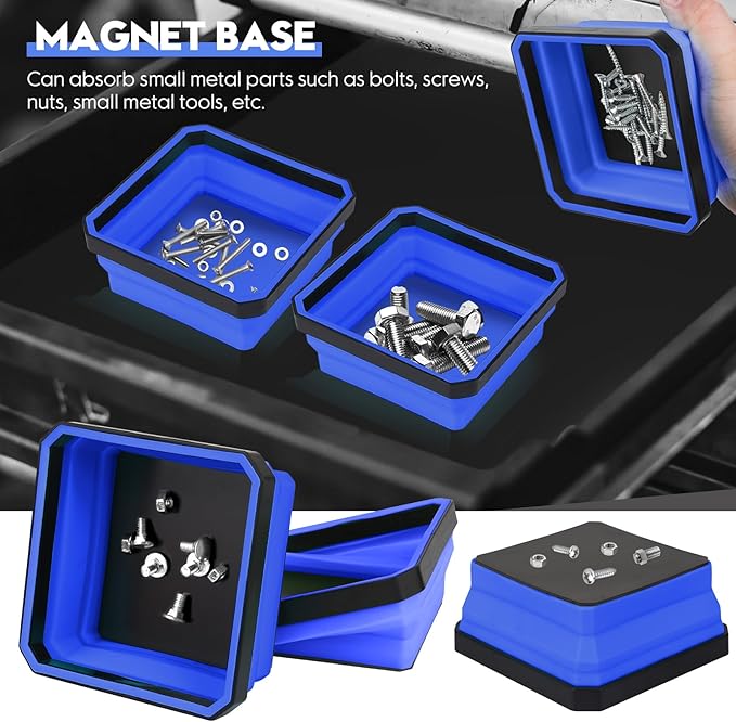 Collapsible Magnetic Parts Tray Set, 4 Pack New Version Magnetic Tool Trays for Screw Bolts Nuts Washers Pins & Small Metal Parts-4.5” Square Silicone Bowls with Double Sided Magnetic Base(Dark Blue)