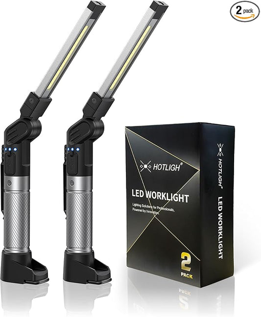 HOTLIGH Work Light Rechargeable - 800 Lumens Work Light with Multifunctional Foldable Design, 2200 mAh Magnetic Flashlight, 3 Lighting Modes Mechanic Flashlight for Car Repairing/Emergency, 2 Pack