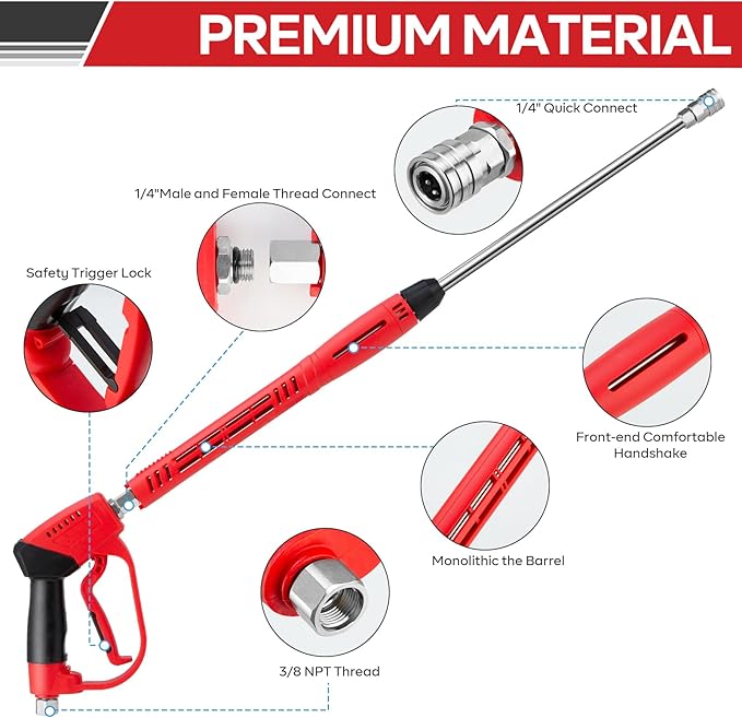 High Pressure Washer Gun 5000 PSI, Power Washer Gun with Replacement Wand Extension, 5 Nozzle Tips, 1/4''Quick Connect Plug and M22-14mm & M22-15mm Fitting, 40 Inch