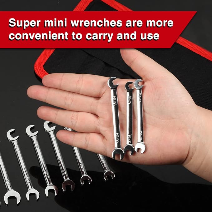 Mini Double Open End Wrench Set SAE 10 Pcs 5/32" to 7/16" with Portable Storage Pouches Mirror Chrome Finish Super Thin Open Ended Spanner Double Angle Head for Small Fasteners