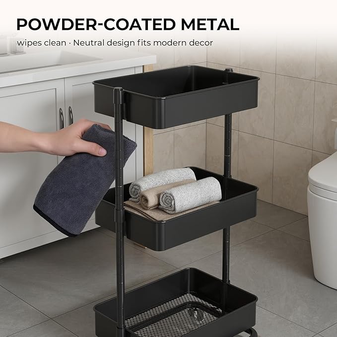 3 Tier Rolling Cart with Wheels for Home Organization, No Wobble Metal Utility Cart with Locking Casters, Adjustable Shelves Tool-Free Assembly Rolling Storage Cart for Kitchen Bathroom Laundry Room
