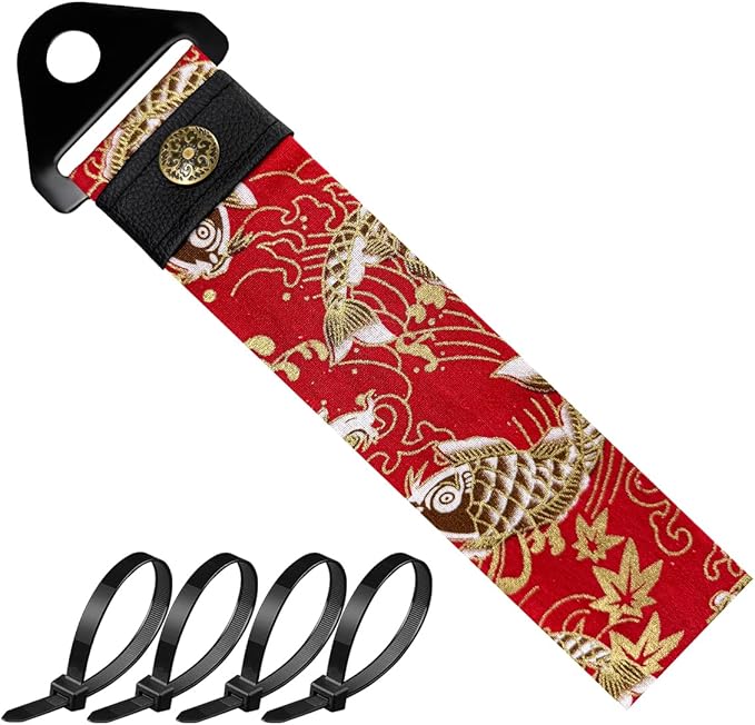 Racing Tow Strap, Stylish JDM Car Bumper Tow Strap Trailer Hook Belt for Decoration, Heavy Duty Nylon Traction Rope Universal Fit for Front or Rear Front Bumper (Fishes Red)
