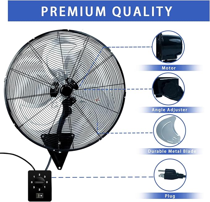 Bestronair 24 Inch Wall Mount Fan Oscillating Wall Fan High Velocity Heavy Duty 3-Speed Pro Metal Fans for Garage, Workhouse, Greenhouse, Farm, Shop, Industrial Use