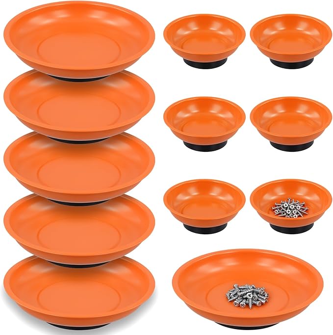 FUNSUEI 12 Packs 3 Inch 6 Inch Magnetic Tray Set, Stainless Steel Tool Magnetic Bowl, 7.5cm 15cm Round Magnetic Parts Tray Holder for Pins, Screws, Bolts, Nuts, Small Parts, Orange