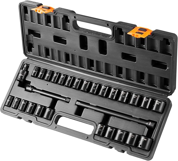 VEVOR 3/8" Drive Impact Socket Set, 29 Piece Shallow Socket Set SAE 3/8"-1" and Metric 8-22mm, 6 Point CR-V Alloy Steel for Auto Repair, Easy-to-Read Size Markings, Rugged Construction, Storage Case