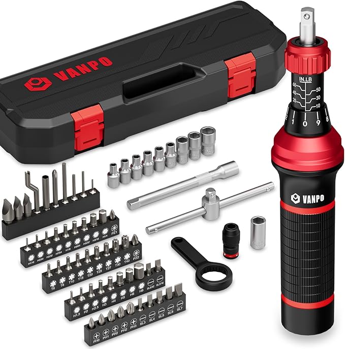 VANPO Torque Screwdriver Set, 10–60 in-lb, 64 Pcs 1/4" Drive Torque Wrench Screwdriver Kit with T-Bar & Flat, Hex, Torx, and S2 Bits for Scope, Electronics Assembly & Micro Device Repair