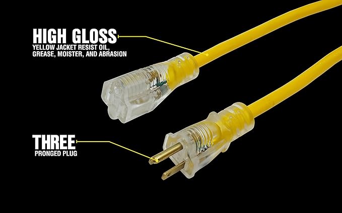 Southwire Yellow Jacket Heavy Duty Extension Cord - Outdoor Power for Tools & Equipment - Lighted End with SJTW Jacket & Three Prong Plug - 25 Foot