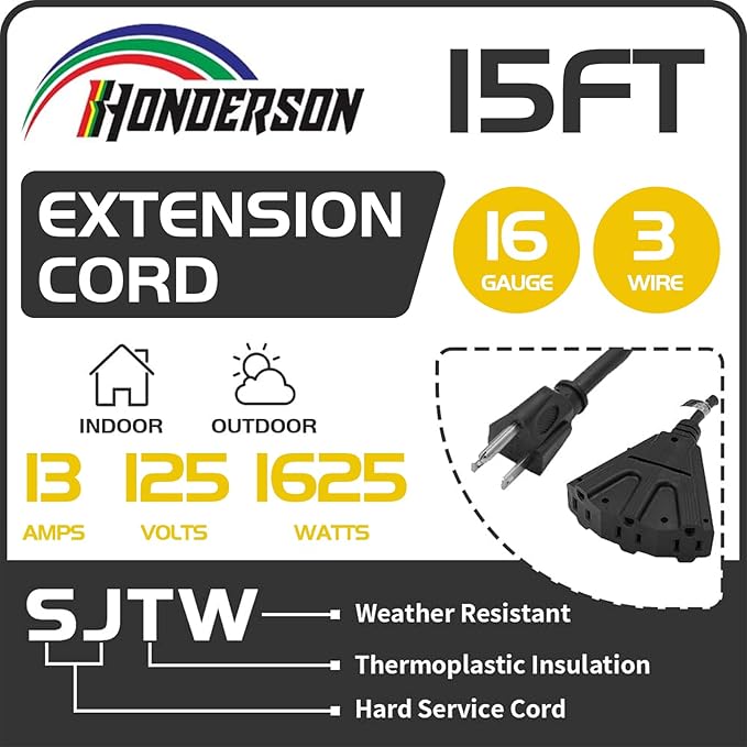 3-Outlets Indoor Outdoor Extension Cord Weatherproof, UL Certified, 16 Gauge 15FT Black 3 Prong Heavy Duty, 16/3 SJTW 13A Power Cord