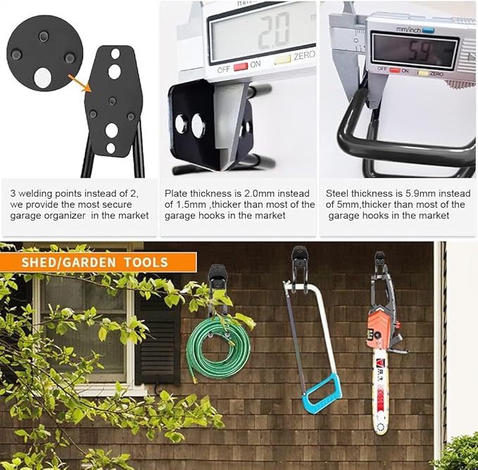 3-H Garage Wall Hooks Heavy Duty 8 Pack, Anti-Slip Steel Wall Mount Storage Hooks for Hanging Ladder Garden Yard Tools, Utility Organizer for Garage Lawn Shed(Black)