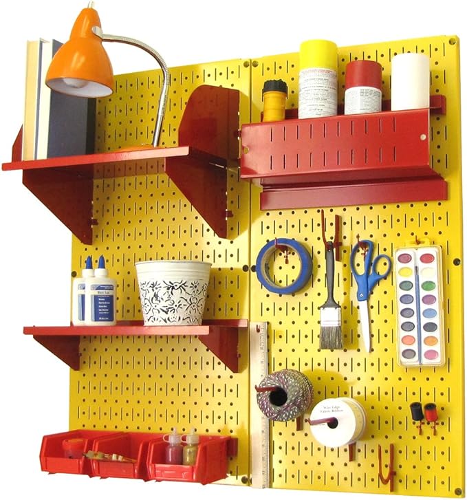 Wall Control Craft & Hobby Pegboard Organizer Storage Kit with Yellow Pegboard and Red Accessories