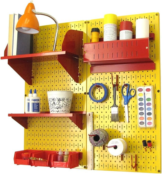 Wall Control Craft & Hobby Pegboard Organizer Storage Kit with Yellow Pegboard and Red Accessories